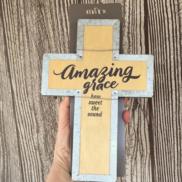 Wooden galvanized standing or wall cross “amazing grace how sweet the sound” NEW - Picture 13 of 17